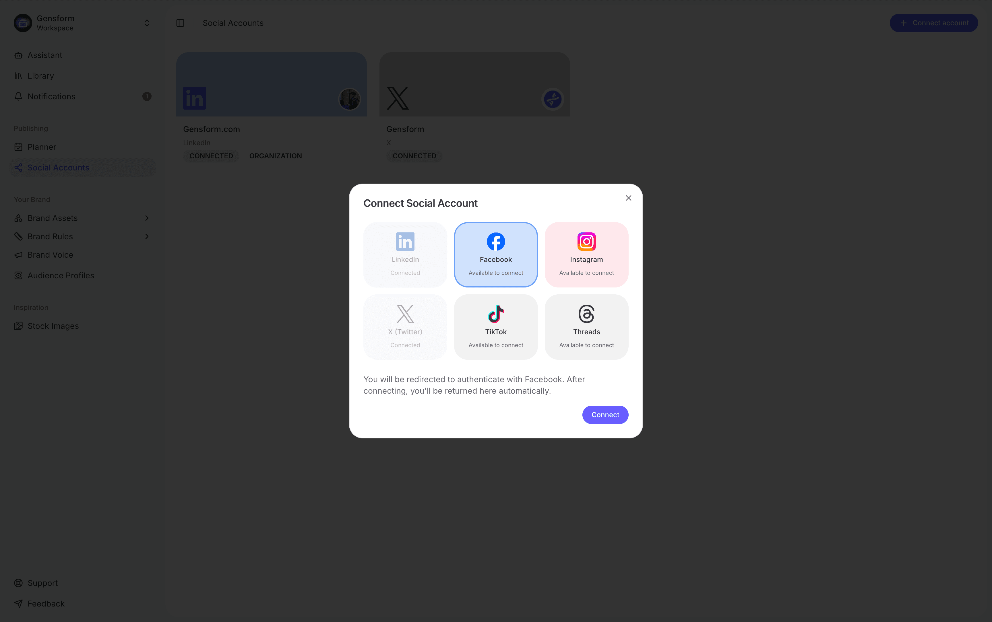Connect social account dialog